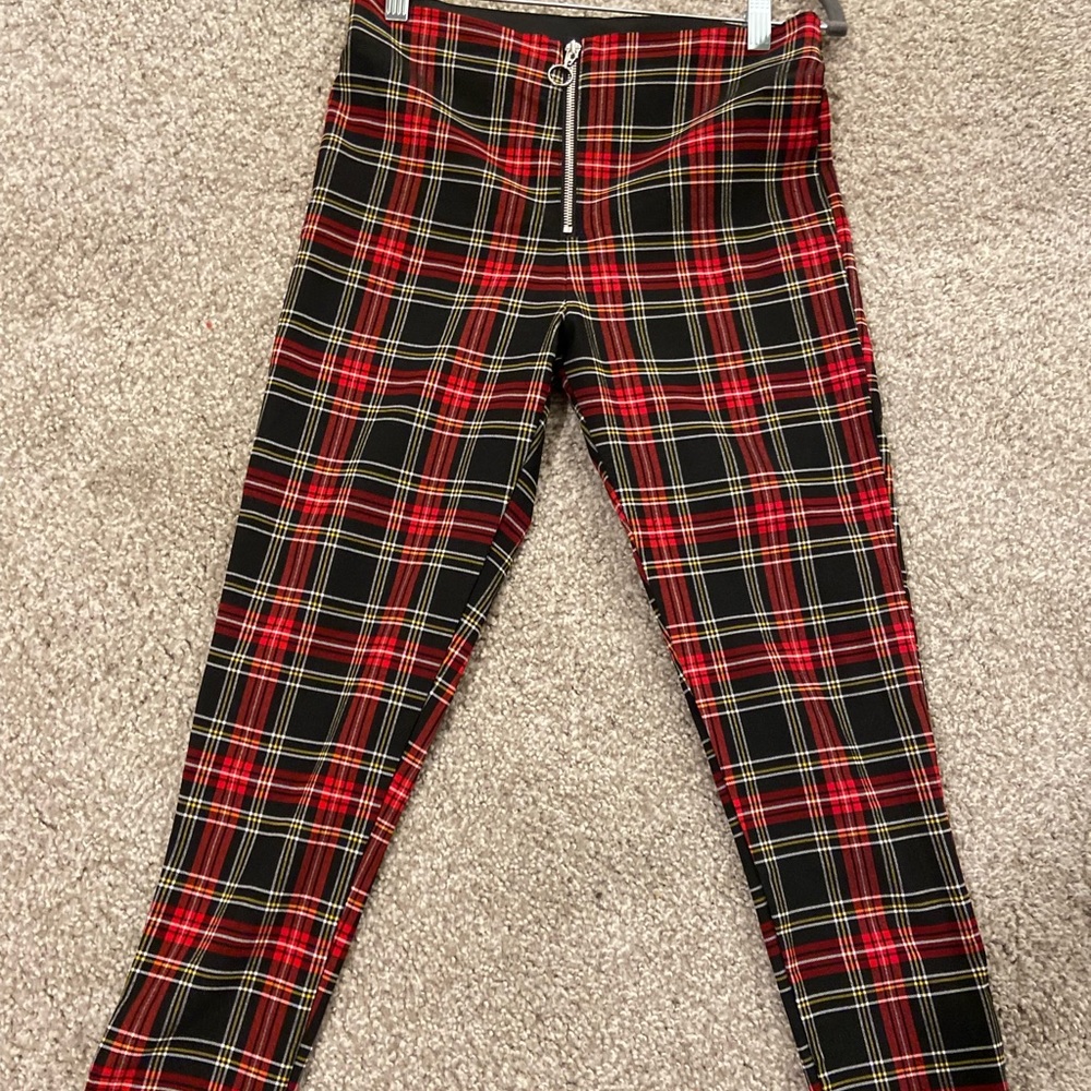 Zara plaid pants, stretchy material, front zipper
